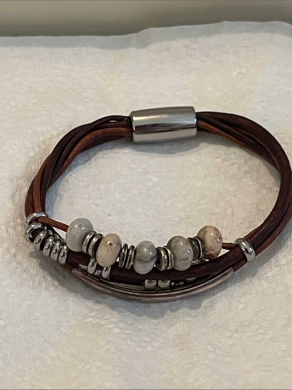 Leather Beaded Multi-Strand Bracelet in Brown and Silver